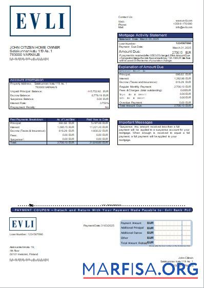 Blank Finland Evli Bank PLC bank mortgage statement scr download for verification